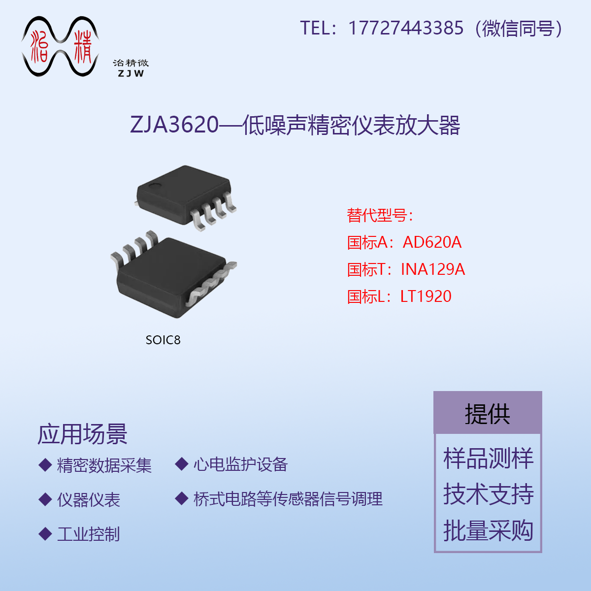 高性能仪表放大器ZJA3620与AD620A、INA129A、